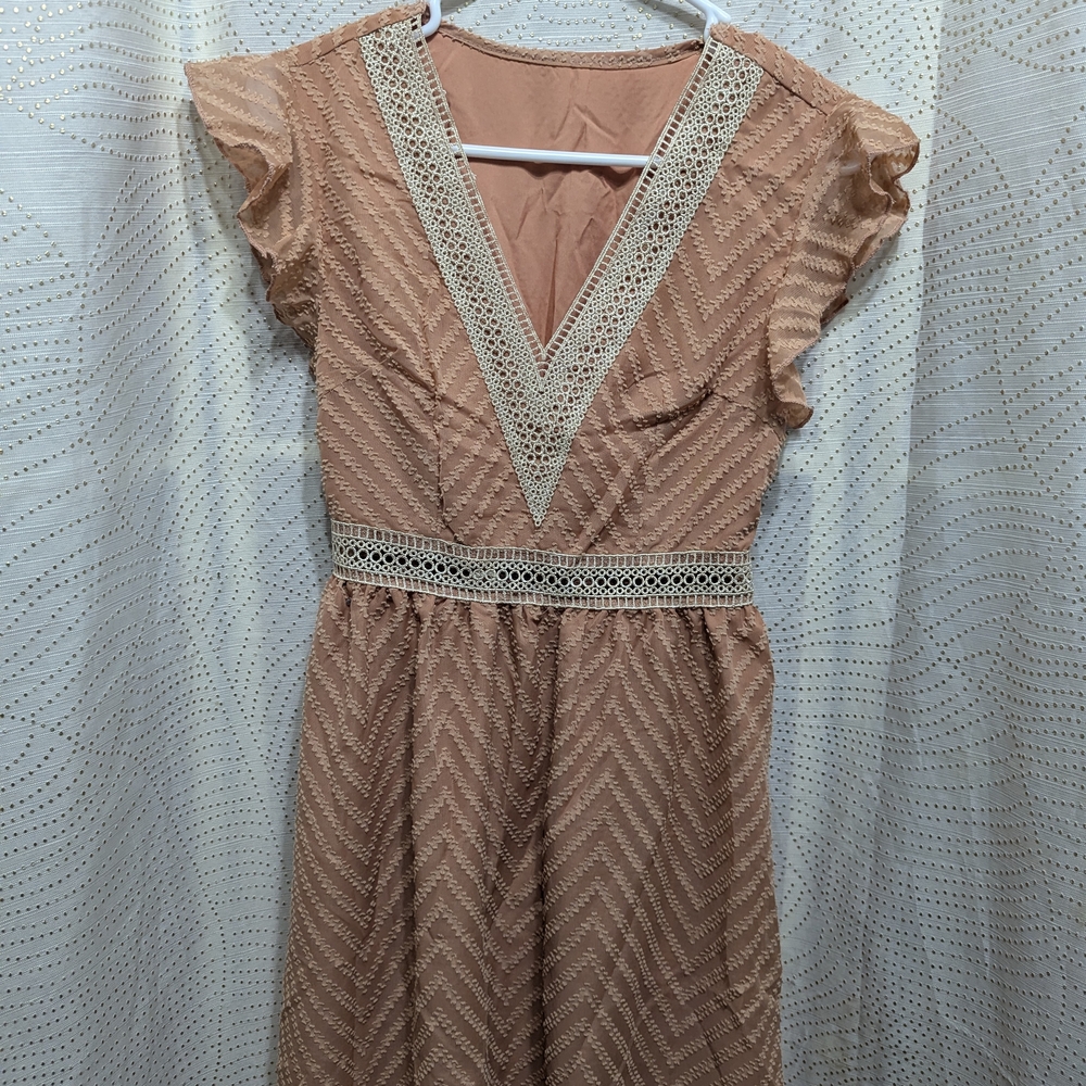 Peach V-Neck Dress with lace Peek Shoulders Girls L Shein